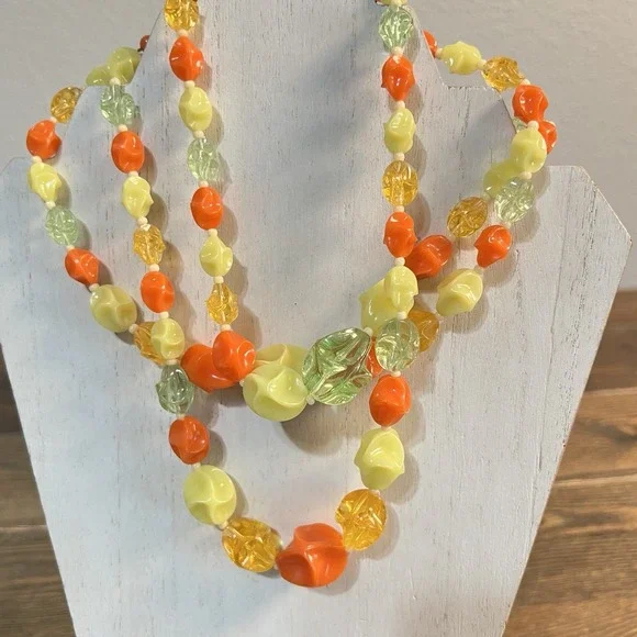 Retro 1960s Colorful West German Vintage Beads Multi Strand Yellow Orange Green - Picture 2 of 8